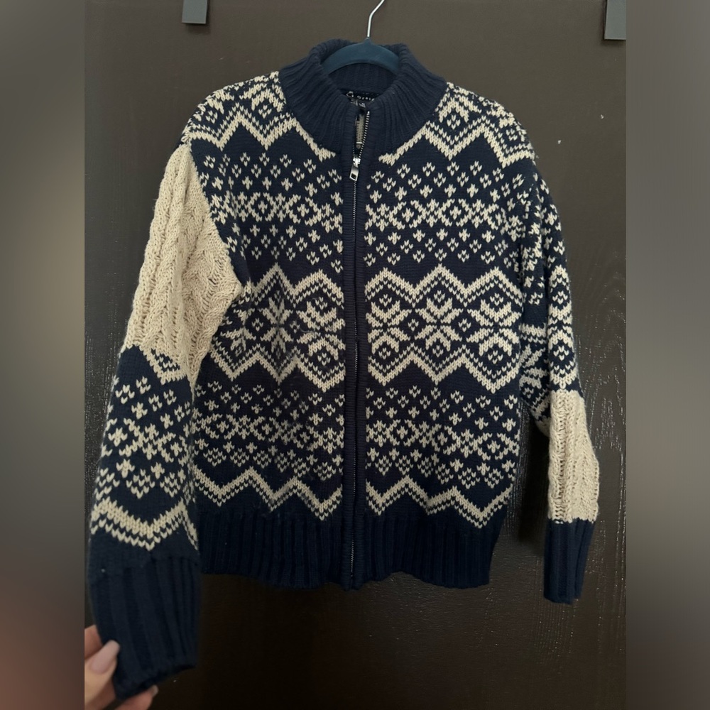 Men's Navy and Cream Zip-Up Sweater